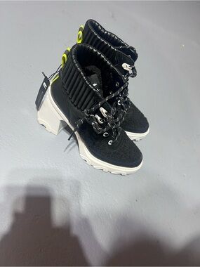 Sorel Black and White Chunky Heel Lace-Up Booties with Neon Yellow Pull Tabs